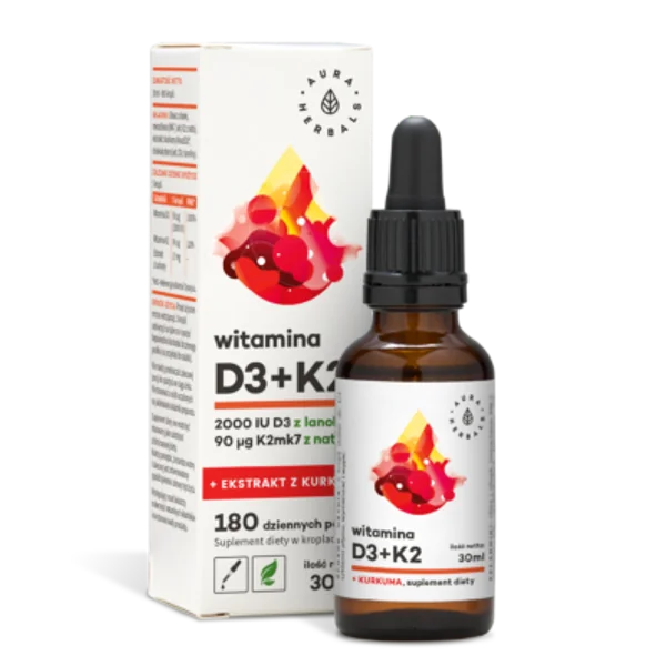 Aura Herbals Vitamin D3 K2 MK7 Kurkuma Tropfen in 30 ml Flasche, natürliche Inhaltsstoffe, unterstützt Immunsystem, Knochen und Muskeln