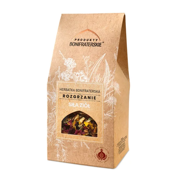 Bonifraterski Kräutertee "Siła Ziół Rozgrzanie" in einer Tasse, zubereitet mit Zimt, Ingwer, Nelken und Orange, ideal für kalte Winterabende