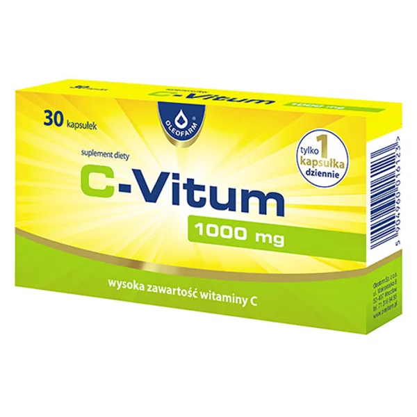 C-Vitum 1000 mg Nahrungsergänzungsmittel mit L-Ascorbinsäure zur Unterstützung des Immunsystems und Reduzierung von Müdigkeit in 30 Kapseln.