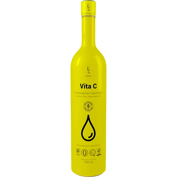 Flasche DuoLife Vita C mit natürlichen Zutaten: Acerola, Hagebutte und Camu Camu. Natürliche Quelle für Vitamin C zur Unterstützung des Immunsystems
