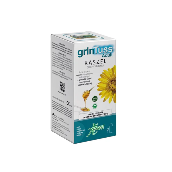 GrinTuss Adult Hustensirup in einer 128g Flasche, hergestellt aus natürlichen Zutaten wie Honig und pflanzlichen Extrakten, ideal für Erwachsene bei trockenem und produktivem Husten