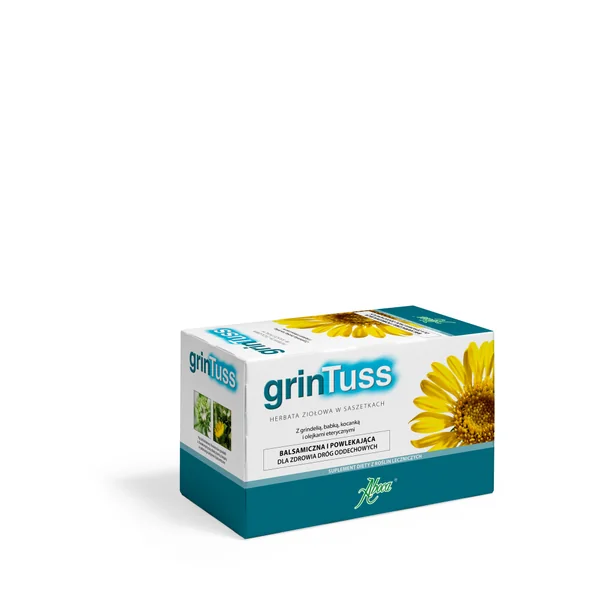 GrinTuss Kräutertee, eine wohltuende Mischung aus Kräutern wie Pfefferminze und Eukalyptus, ideal zur Unterstützung der Atemwegsgesundheit
