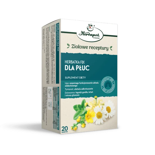 Herbapol Kraków Dla Płuc Fix Kräutertee, der aus einer Mischung von 7 Kräutern zur Unterstützung der Lungen- und Atemwegsgesundheit besteht