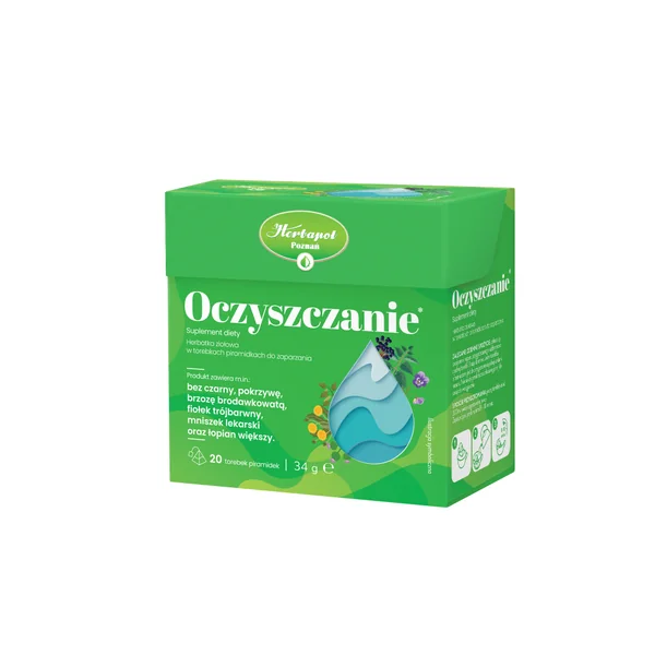 Herbapol Entgiftungstee in Pyramidenteebeuteln, unterstützt die natürliche Entgiftung des Körpers mit Kräutern wie Holunder, Brennnessel und Veilchen