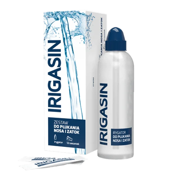 Irigasin Nasen- und Nasennebenhöhlen-Spülset, Irrigator + 12 Beutel für isotonische und hypertonische Lösungen zur Nasenpflege und Reinigung