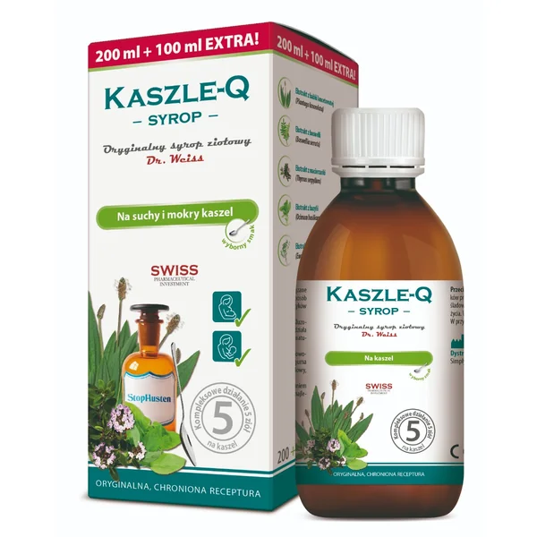 Novascon Kaszle-Q Kräutersirup in der Flasche, für die Linderung von trockenem und produktivem Husten, mit pflanzlichen Inhaltsstoffen