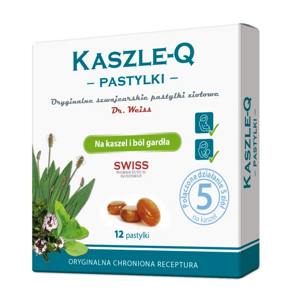 Novascon Kaszle-Q Lutschtabletten zur Linderung von Husten, Halsschmerzen und Heiserkeit. Enthält natürliche Kräuter und Eukalyptusöl