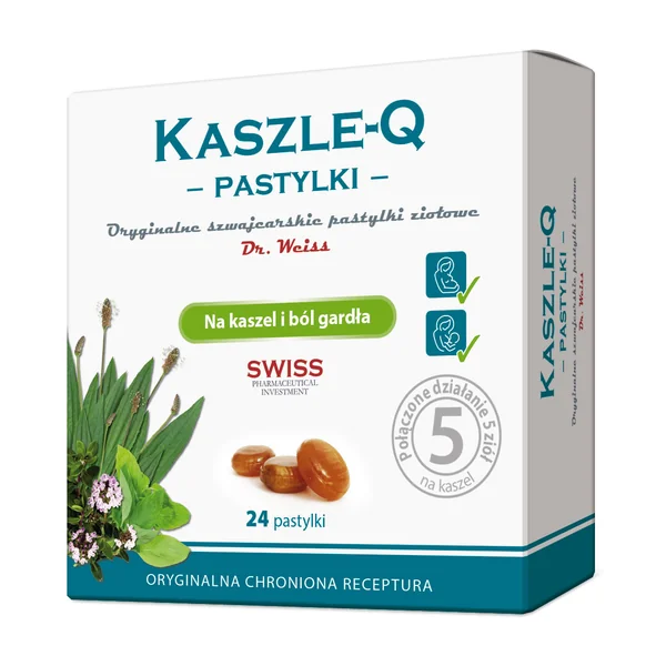 Novascon Kaszle-Q Lutschtabletten zur Linderung von Husten, Halsschmerzen und Heiserkeit. Enthält natürliche Kräuter und Eukalyptusöl