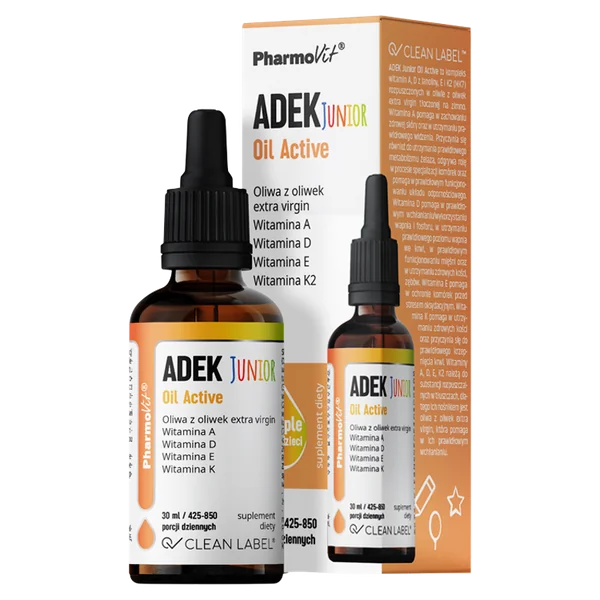 Flasche Pharmovit Clean Label ADEK Junior Oil Active, Nahrungsergänzungsmittel mit Vitamin D, E, A und K2 für Kinder in Olivenöl