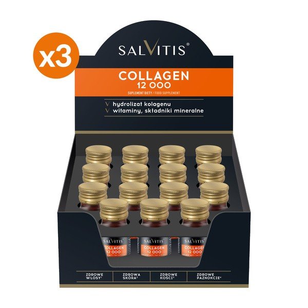Salvitis Collagen Nahrungsergänzung mit Apfelgeschmack für Haut, Haare und Gelenke in einer Packung mit 45 x 30 ml Fläschchen.