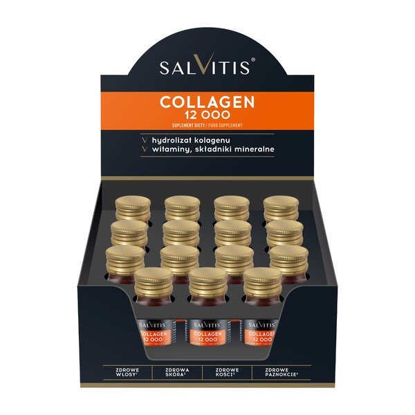 Salvitis Collagen Nahrungsergänzung mit Apfelgeschmack für Haut, Haare und Gelenke in einer Packung mit 15 x 30 ml Fläschchen