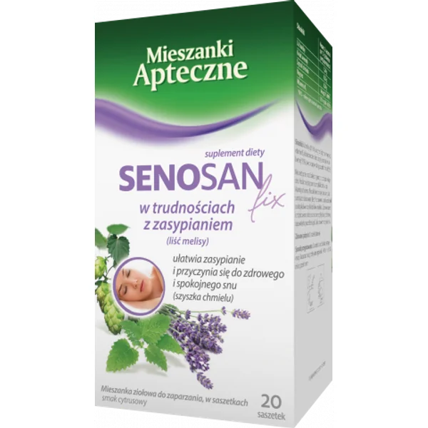 Senosan Kräutertee in Teebeuteln, eine Mischung aus Melisse, Lavendel und Hopfen, die beim Einschlafen hilft und einen ruhigen Schlaf fördert