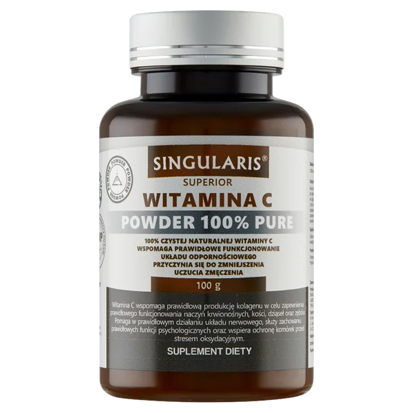 Vitamin C Pulver 100% pure Ascorbinsäure in einem Behälter. Unterstützt das Immunsystem und fördert die Eisenaufnahme. 100g Packung.