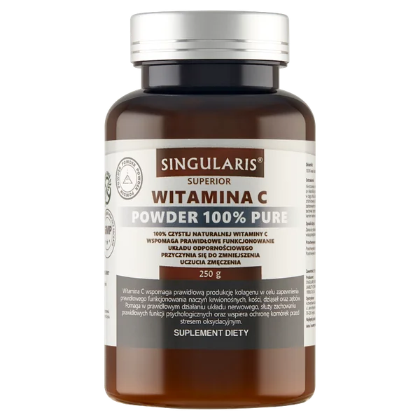 Vitamin C Pulver 100% pure Ascorbinsäure in einem Behälter. Unterstützt das Immunsystem und fördert die Eisenaufnahme. 250g Packung.