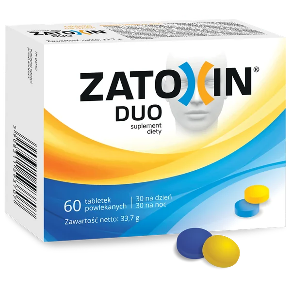 Zatoxin Duo Verpackung mit zwei Tabletten für Tag und Nacht, unterstützt das Immunsystem, fördert gesunde Atemwege und bietet Melatonin für besseren Schlaf