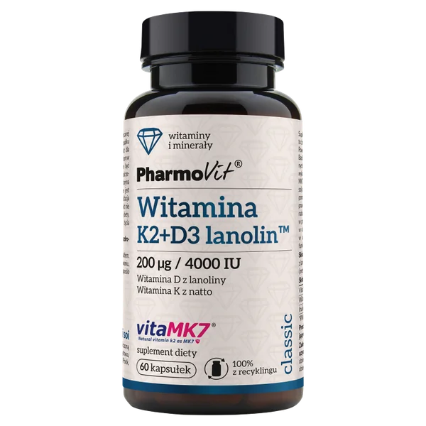 Pharmovit Classic K2 + D3 lanolin™ 200 µg/4000IU ist ein Nahrungsergänzungsmittel in Kapseln, das natürliches Vitamin K2 und D3 aus Lanolin liefert. Das Produkt unterstützt die Gesundheit der Knochen und das Immunsystem
