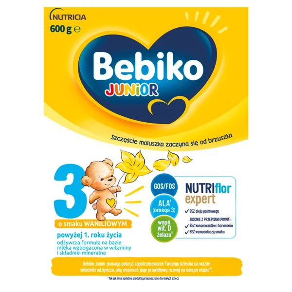 Bebiko Junior 3 Vanillegeschmack, Kinderernährungsprodukt in 600g Verpackung, unterstützt die gesunde Entwicklung und das Immunsystem des Kindes