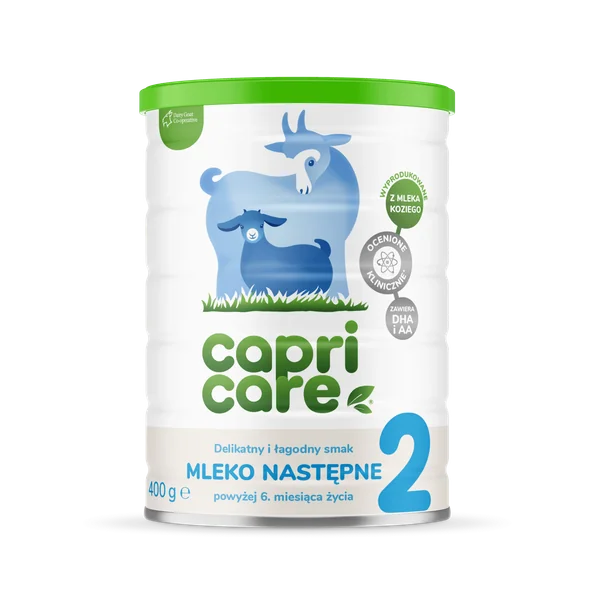 Capricare 2 Ziegenmilch-Folgemilch in einer 400 g Packung für Babys ab 6 Monaten, ohne Palmöl und Glukosesirup.