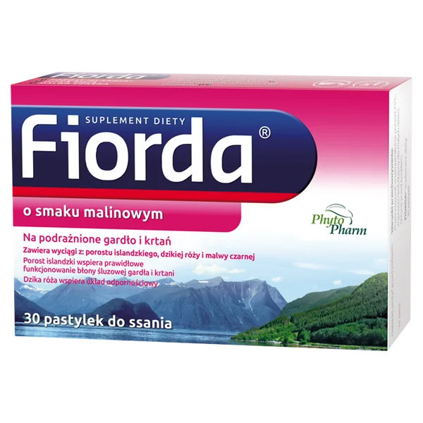 Fiorda Lutschtabletten zur Linderung von Halsschmerzen und Heiserkeit, mit natürlichen Inhaltsstoffen wie Islandmoos, Eibisch und Hagebutte