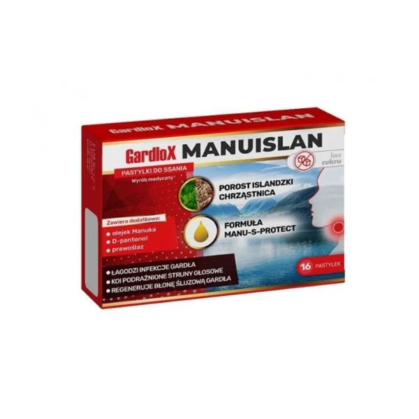 Gardlox Manuislan Lutschtabletten ohne Zucker zur Linderung von Halsschmerzen und Husten. Natürliche Inhaltsstoffe wie Isländisches Moos und Manuka-Öl