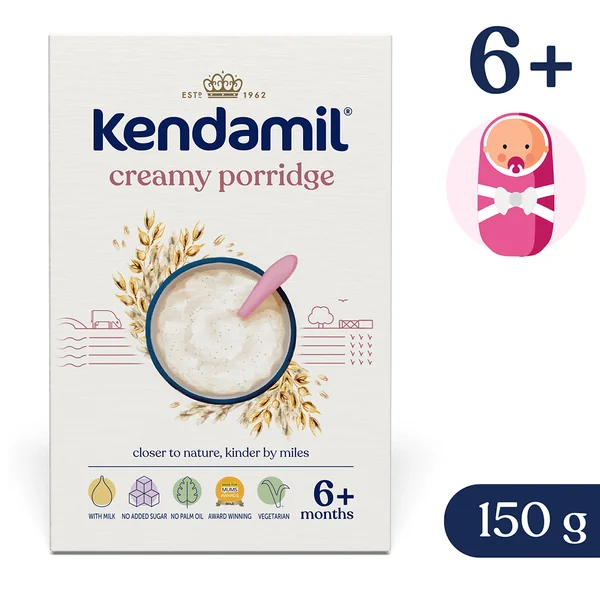 Kendamil Haferbrei in Pulverform für Babys, 150 g Packung, ideal für die erste Beikost ab dem 4. Lebensmonat, angereichert mit Vitaminen.