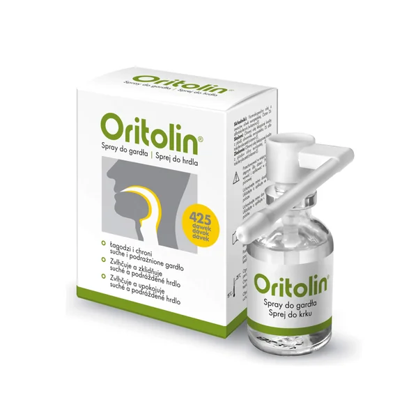 Oritolin Halsspray zur Linderung von Halstrockenheit und Rachenreizungen mit Olivenöl und Vitamin E.