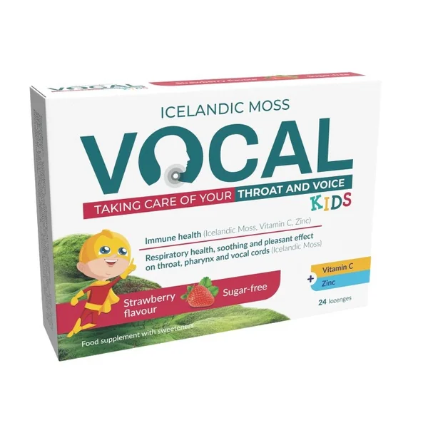 Vocal Kids Erdbeere Lutschpastillen in der Verpackung – Linderung bei Halsreizungen und Unterstützung des Immunsystems für Kinder und Erwachsene
