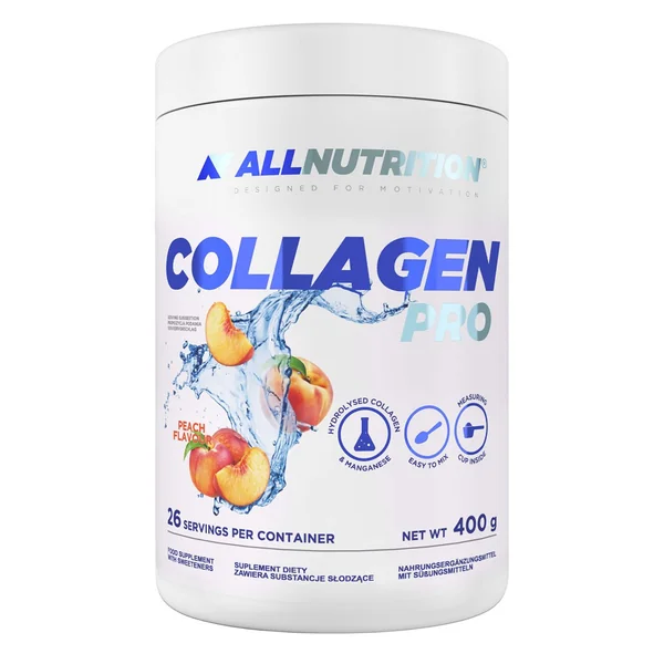 Collagen Pro Pulver Pfirsich von ALLNUTRITION – unterstützt die Gesundheit von Haut, Haaren und Gelenken. 400g Kollagen für aktive Erwachsene