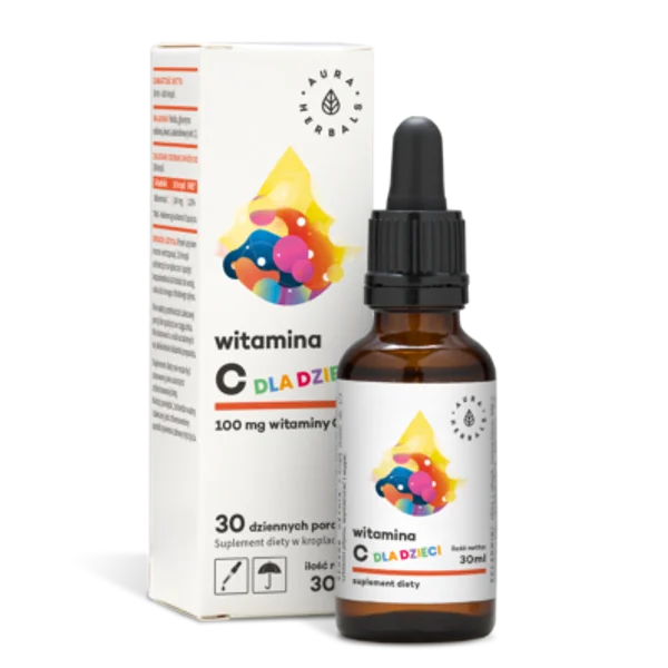 Flasche Aura Herbals Vitamin C Tropfen für Kinder, 30 ml, mit Tropfer, für das Immunsystem, vegan, ohne Zuckerzusatz, orange Geschmack