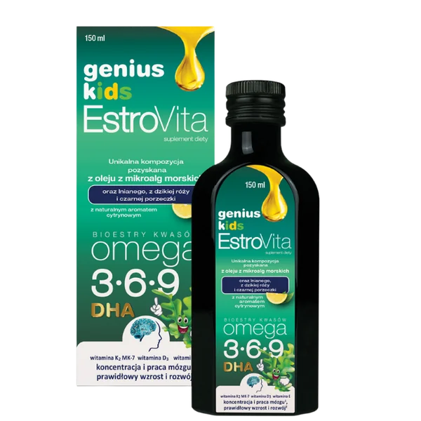 EstroVita Genius Kids Omega-3 Nahrungsergänzung für Kinder mit DHA, ALA, Vitamin D, E und K, unterstützt die Gehirnentwicklung und das Immunsystem