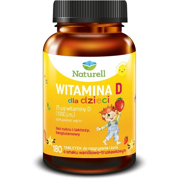 Naturell Vitamin D für Kinder Kaubonbons, 180 Tabletten, unterstützt das Immunsystem und gesunde Knochen, Vanille-Erdbeergeschmack