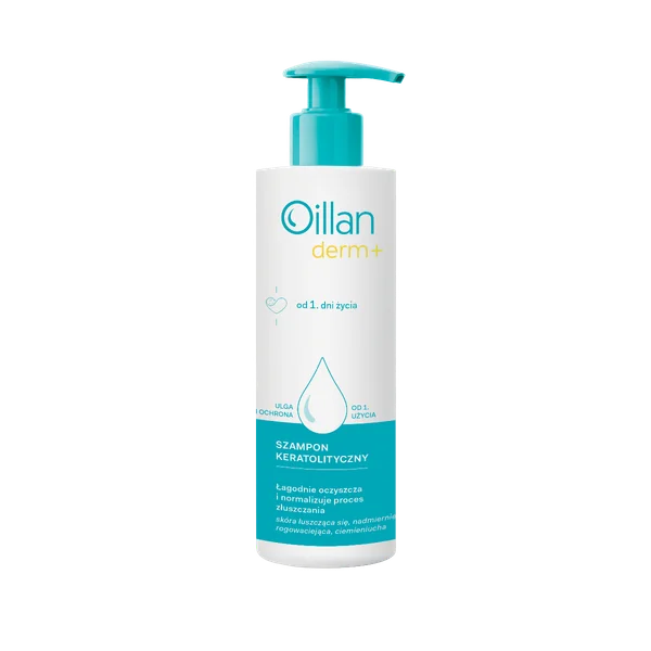 Oillan Derm+ kreatolytisches Shampoo in einer 180-ml-Flasche, ideal für die Reinigung der Kopfhaut, feuchtigkeitsspendend und beruhigend. Sicher für Babys und Erwachsene