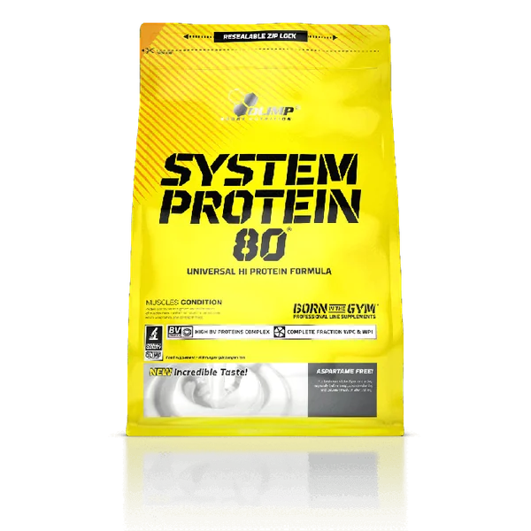 Olimp System Protein 80 Eiweißpulver in der Verpackung, ideal für den Muskelaufbau und schnelle Regeneration nach dem Training