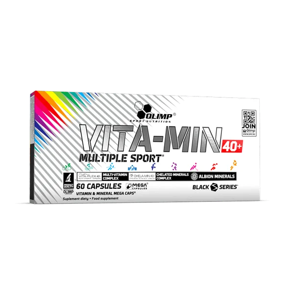 Packung von Olimp Vita-Min Multiple Sport 40+ mit 60 Kapseln, Multivitamine und Mineralien für Sportler über 40 Jahre zur Unterstützung der Leistungsfähigkeit.