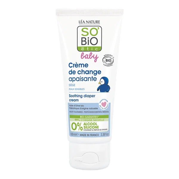 Beruhigende Windelcreme von So’BiO étic für Babys ab dem ersten Lebenstag. Schützt, pflegt und lindert Hautreizungen im Windelbereich