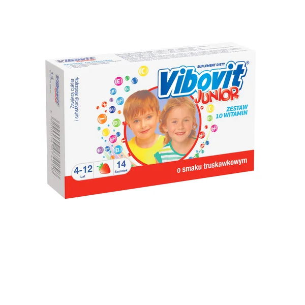 Vibovit Junior - 10 Vitamine für Kinder zur Unterstützung des Wachstums und der Entwicklung, Erdbeergeschmack, 14 Beutel