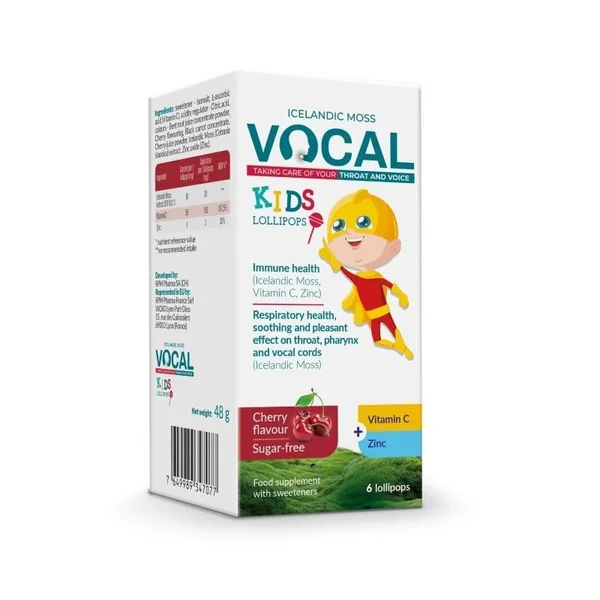 Vocal Kids Lutschtabletten mit Kirschgeschmack für Kinder, lindern Halsschmerzen und stärken das Immunsystem mit Islandmoos, Vitamin C und Zink