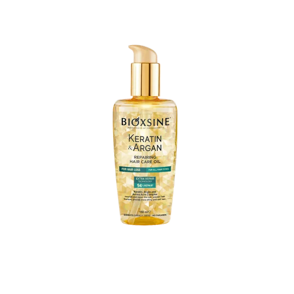 Bioxsine Keratin & Argan Haaröl in einer Flasche mit Pumpe, ideal für die Pflege und Regeneration aller Haartypen