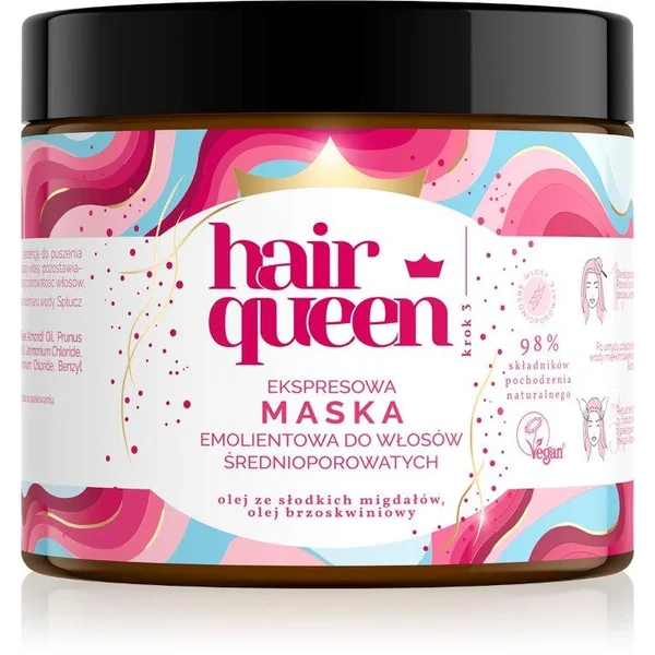 Hair Queen Express-Emollientmaske für mittelporöses Haar, 400 ml – intensiv pflegend und glättend für glänzendes, geschmeidiges Haar