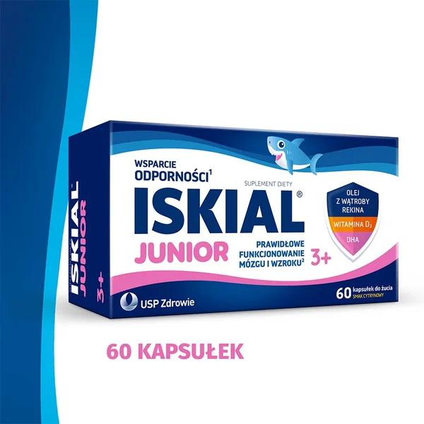 Iskial Junior Kautabletten mit Zitronengeschmack, enthalten Haifischleberöl, DHA und Vitamin D3 zur Unterstützung des Immunsystems und der Gehirnfunktion bei Kindern