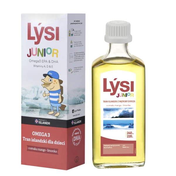 Lýsi Junior Omega-3 Lebertran für Kinder, Vitamin D und DHA für die gesunde Entwicklung von Augen und Gehirn. Mango-Limetten Geschmack