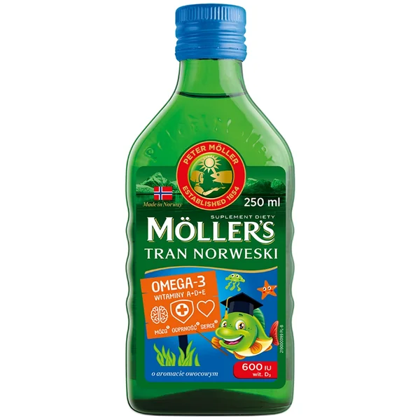 Möller’s Tran Norwegisches Fischöl mit fruchtigem Aroma, reich an Omega-3, DHA und EPA für gesunde Knochen, Herz und Gehirn