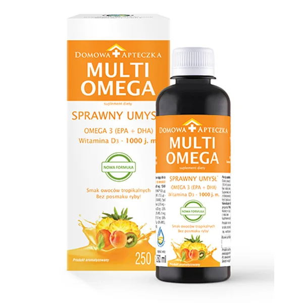 MultiOmega Sirup in Flasche, mit tropischem Fruchtgeschmack und Omega-3, enthält Fischöl und Vitamine, ideal für die tägliche Nahrungsergänzung