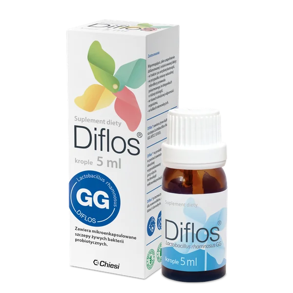 Diflos Tropfen Flasche mit Lactobacillus rhamnosus GG für die Unterstützung der Darmflora und Gesundheit.
