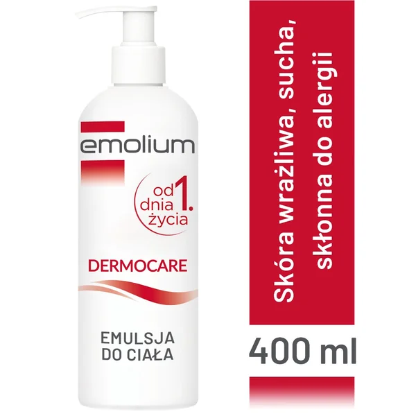 Emolium Dermocare Emulsion 400 ml für trockene und sehr trockene Haut, hypoallergen und dermatologisch empfohlen.