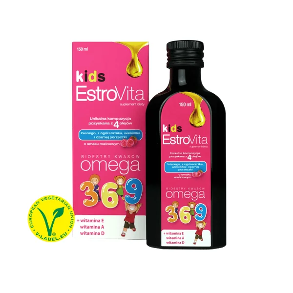 EstroVita Kids Omega-3-6-9 Flüssigkeit für Kinder, Himbeergeschmack, unterstützt Wachstum, Immunsystem und die Gehirnentwicklung