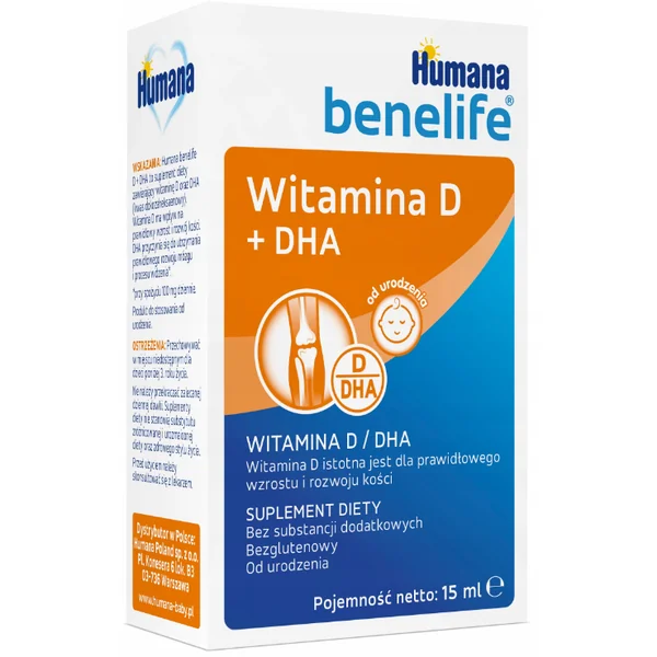 Humana benelife D3 + DHA, 15 ml, Nahrungsergänzung für Babys, mit Vitamin D3 und DHA für die gesunde Entwicklung von Knochen und Gehirn
