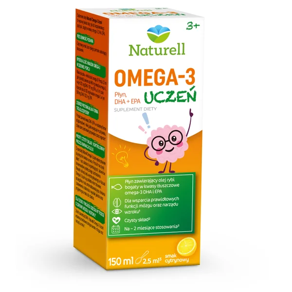 Naturell Omega-3 Uczeń flüssig, Omega-3 Nahrungsergänzung für Kinder, für Gehirn und Sehkraft, mit natürlichem Zitronengeschmack, 150 ml.