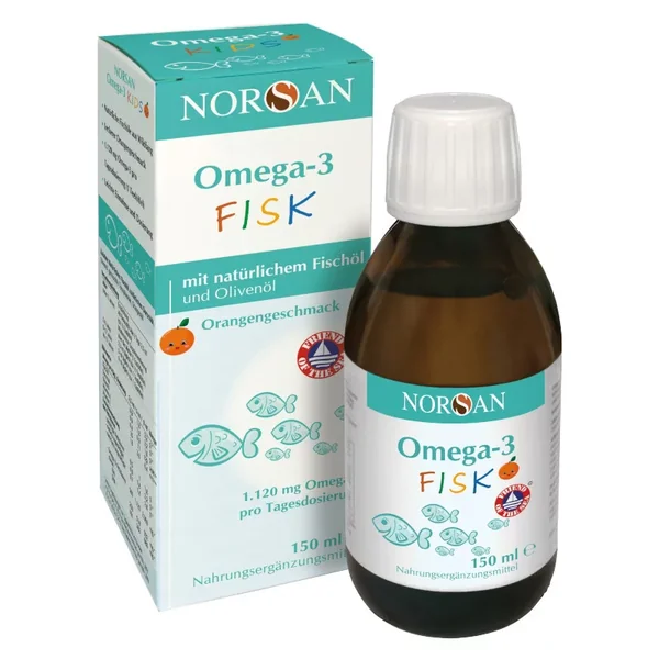 Flasche Norsan Omega-3 FISK mit natürlichem Fischöl für Kinder, reich an DHA und EPA, zur Unterstützung der Gesundheit von Gehirn und Augen