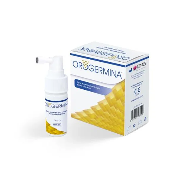 Flasche von Orogermina Rachenspray zur Unterstützung der bakteriellen Flora im Halsbereich, schützt vor Infektionen und fördert die Heilung